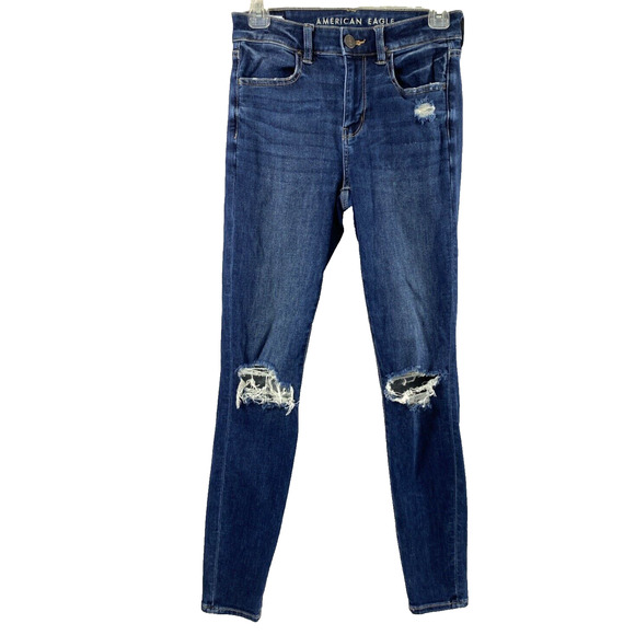 American Eagle Jeans Womens Size 4R Hi Rise‎ Jegging Destroyed Dark Wash Denim - Picture 1 of 13